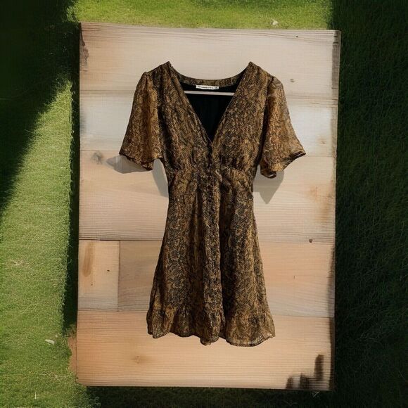 Abercrombie & Fitch Dress Women’s XS Brown Snakeskin Print Buttons Tie in Back - Picture 1 of 14